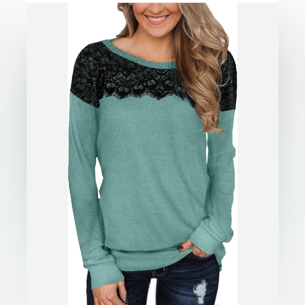 Women’s Black Lace Long Sleeve Sweatshirt Size L Scoop Neck Elegant Fall Top